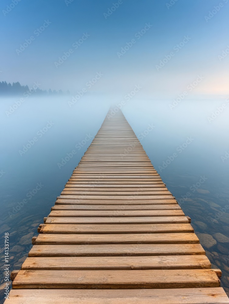 A serene wooden pier extends into a foggy lake, creating a tranquil atmosphere. A serene wooden pier extends into a foggy lake, creating a tranquil atmosphere.
