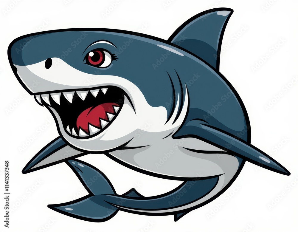 A powerful great white shark bursts forth, jaws agape, revealing razor-sharp teeth and blazing red eyes as it charges forward with a strong, sweeping tail A powerful great white shark bursts forth, jaws agape, revealing razor-sharp teeth and blazing red eyes as it charges forward with a strong, sweeping tail