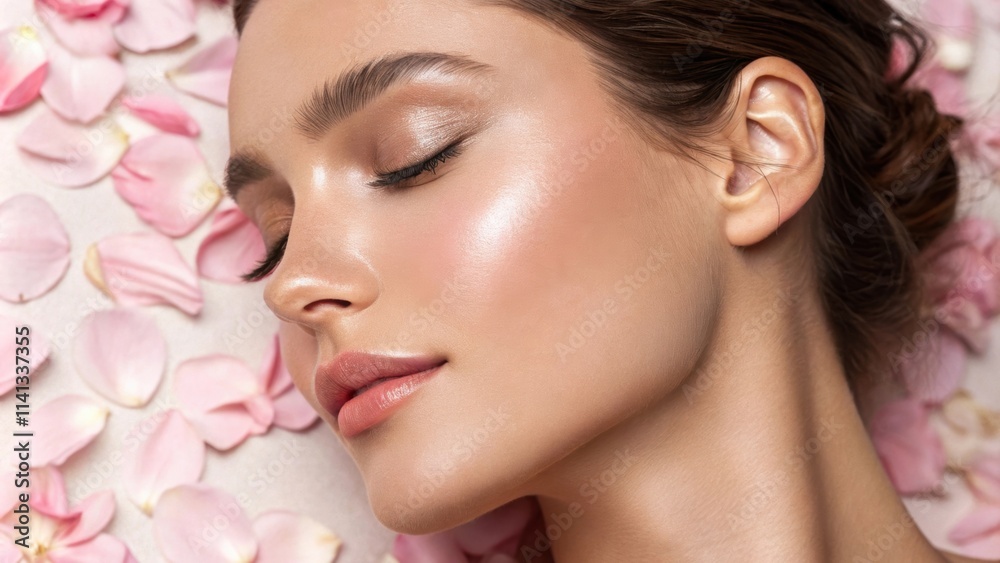 A vivid closeup of a womans skin highlighting a flawless cheek with a radiant glow juxtaposed against a backdrop of soft petals. The focus on the poreless texture and A vivid closeup of a womans skin highlighting a flawless cheek with a radiant glow juxtaposed against a backdrop of soft petals. The focus on the poreless texture and
