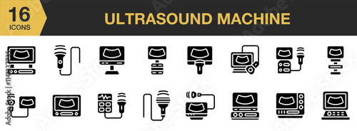 Ultrasound Machine solid icon set. Includes Ultrasound, Machine, Scanner, Diagnosis, Hospital, and More. Solid icons vector collection.