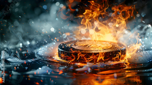 Ice Hockey Puck Exploding with Intense Fire Effects

 photo