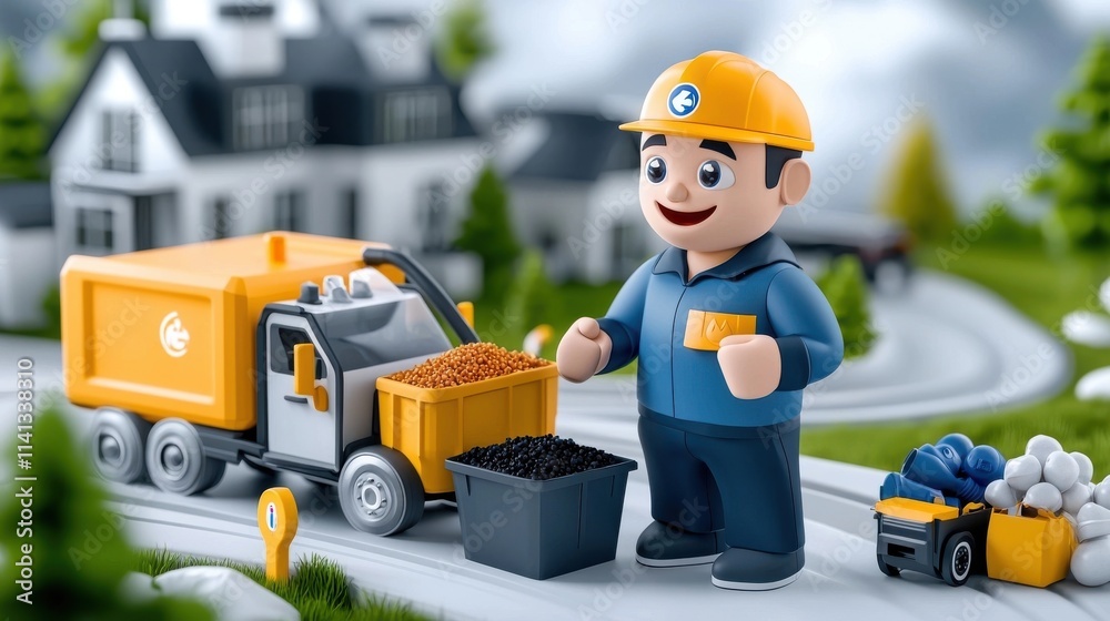 Construction worker wearing uniform and hardhat operating a yellow loader truck to transport construction materials at a residential and commercial building construction site