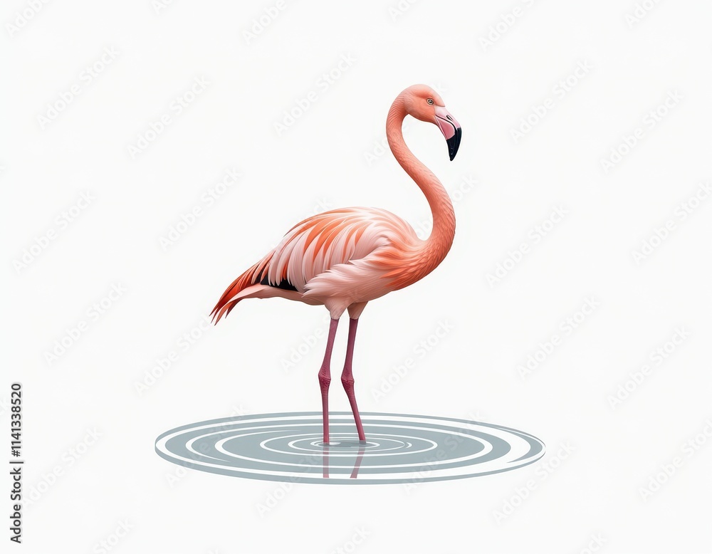 Fototapeta premium A vibrant pink flamingo stands proudly in a shallow pool of water, its long neck stretched out to the side as it surveys its surroundings with a gentle gaze