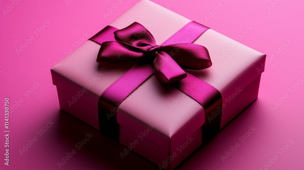 Obraz premium Top view of a pink gift box with a cute fuchsia bow