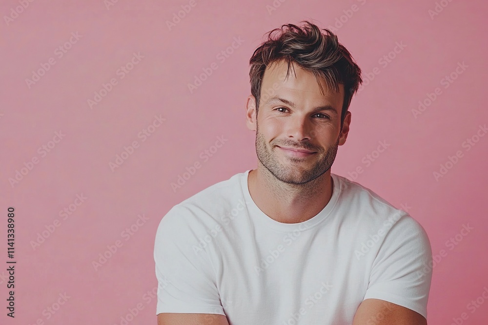Man Smiles, Shows Happiness, Positive Attitude, Contentment, Joyful Expression Man Smiles, Shows Happiness, Positive Attitude, Contentment, Joyful Expression