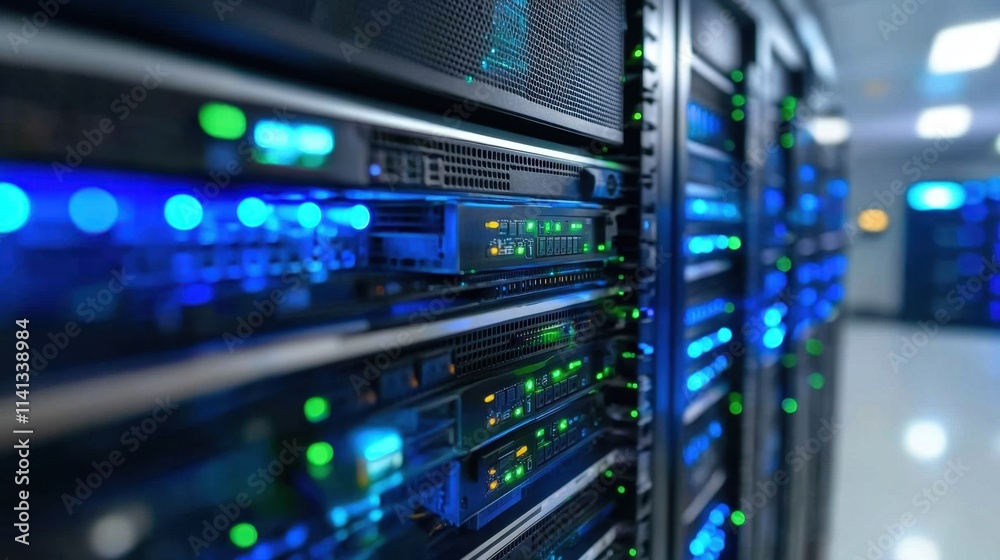 Detailed view of server towers in a data center. Detailed view of server towers in a data center.