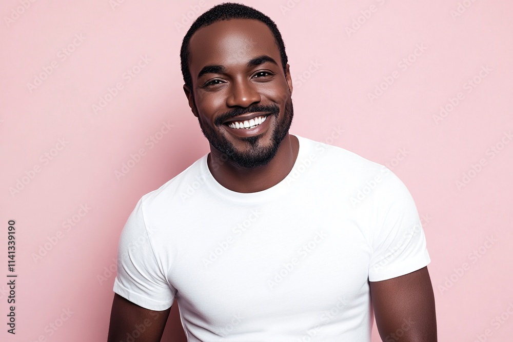 Man Smiles Radiantly Wearing White T-Shirt Against Pink Background, Shows Happiness and Confidence. Man Smiles Radiantly Wearing White T-Shirt Against Pink Background, Shows Happiness and Confidence.