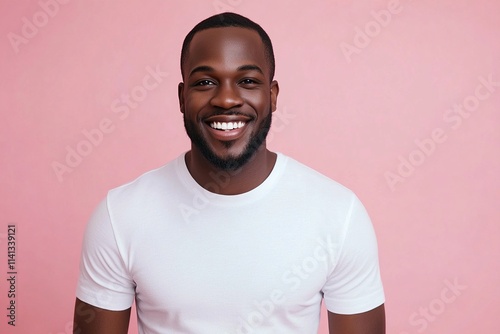 Man Smiles Brightly, Wearing White T-Shirt Against Pink Background, Expressing Joy and Happiness.