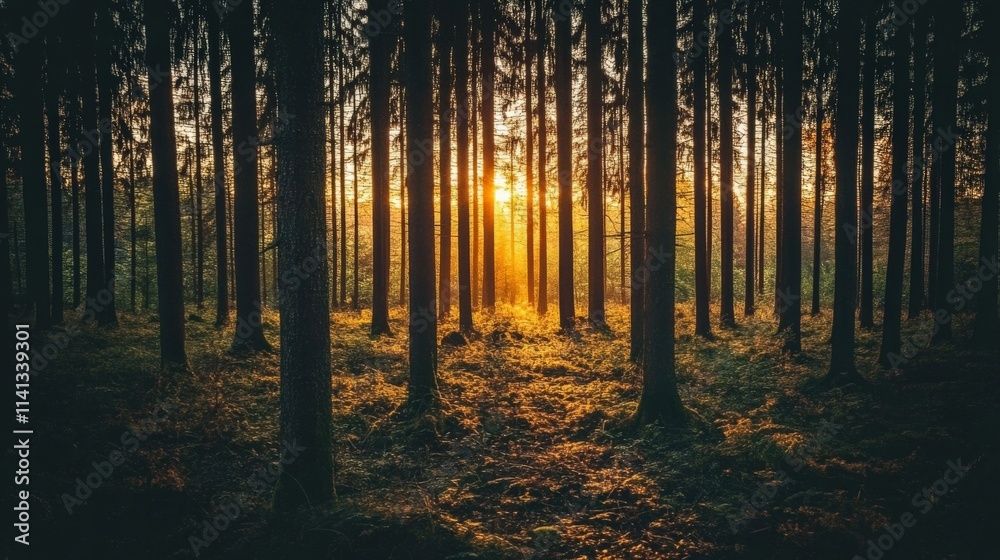 Obraz premium Moody Autumn Forest with Sunlight Through Trees