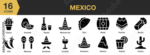 Mexico solid icon set. Includes national, traditional, event, country, history, and More. Solid icons vector collection.