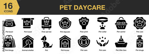 Pet Daycare solid icon set. Includes daycare, breed, toys, puppy, mammal, and More. Solid icons vector collection.