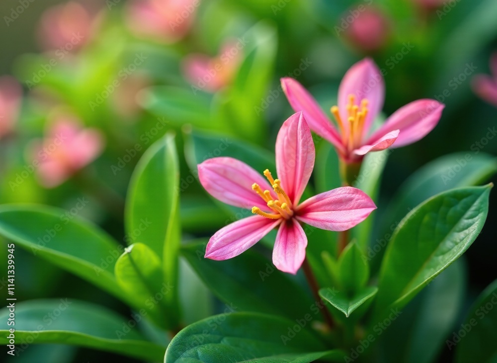 Tiny pink petals unfurl among lush green blades, pink flowers, foliage, blossom