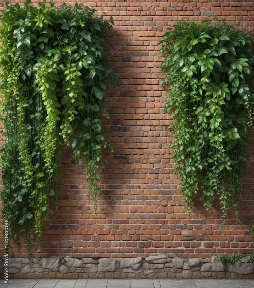 Vertical garden with green creeper plants against a brick wall, vertical garden, urban jungle Vertical garden with green creeper plants against a brick wall, vertical garden, urban jungle