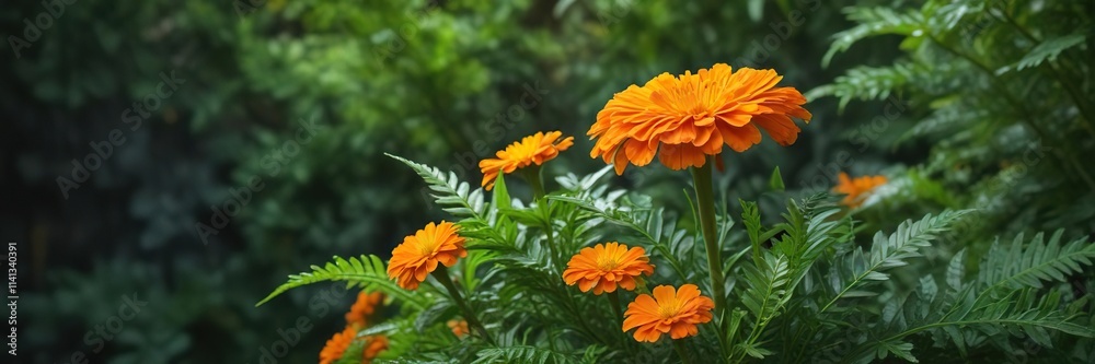 Vibrant orange marigold flower against a backdrop of lush green leaves, green leaves, sunlit garden, floral arrangement Vibrant orange marigold flower against a backdrop of lush green leaves, green leaves, sunlit garden, floral arrangement