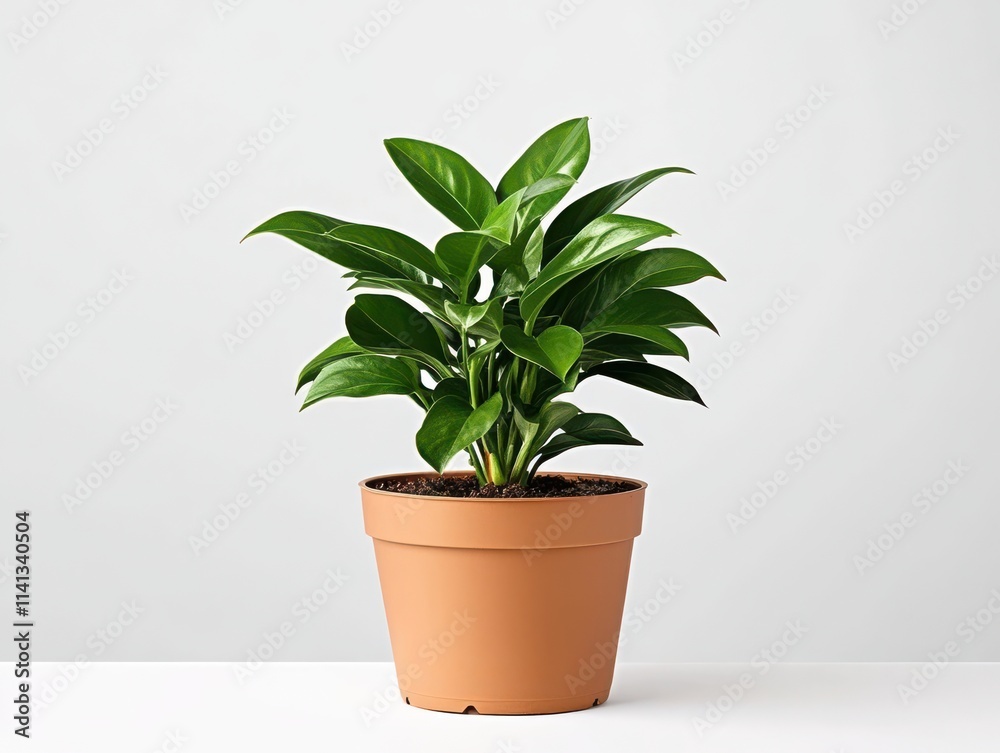 A vibrant green indoor plant in a terracotta pot on a modern surface. A vibrant green indoor plant in a terracotta pot on a modern surface.