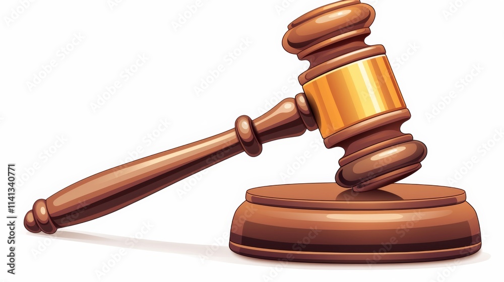 3D realistic vector of a wooden brown judge gavel with a glossy finish, isolated on a white background, featuring an auction hammer with gold accents, symbolizing law and justice. 3D realistic vector of a wooden brown judge gavel with a glossy finish, isolated on a white background, featuring an auction hammer with gold accents, symbolizing law and justice.