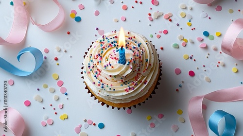 Top view of cupcake with white frosting, sprinkles, and lit candle