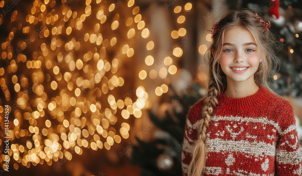 photo of smiling beautiful teenage girl in christmas funny ugly sweater, holiday, new year, knitted clothes, warm, cozy, winter, golden bokeh, banner