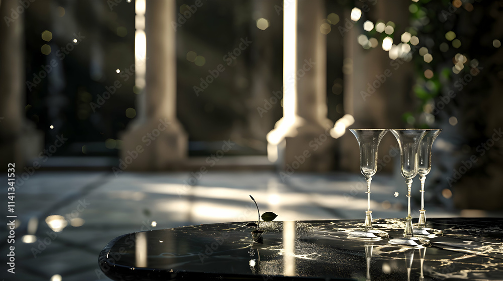 Naklejka premium Dark Marble Table with Wine Glass Set for Elegant Dinner Setup