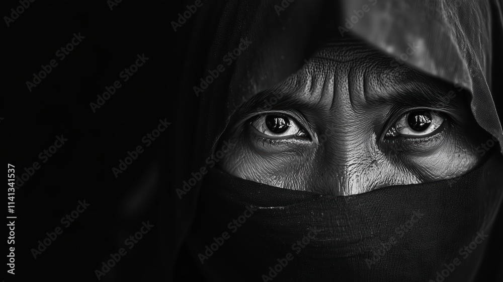A striking black and white portrait showcasing intense eyes framed by a dark veil. A striking black and white portrait showcasing intense eyes framed by a dark veil.