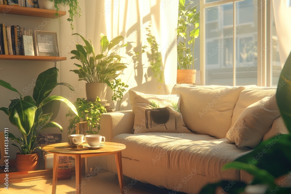 Naklejka premium Sunlit living room with sofa, plants, and coffee cups on a side table.