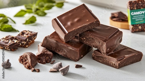 Wallpaper Mural A delightful assortment of dark chocolate bars on a light surface, featuring pieces and chocolate chips, garnished with mint leaves. Torontodigital.ca