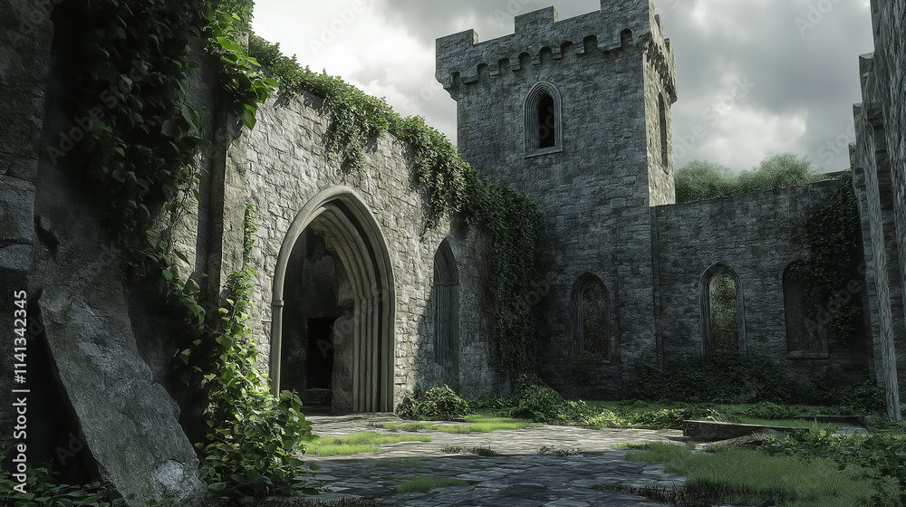 The courtyard of an Irish castle with stone arches and towers, overgrown greenery around the walls The courtyard of an Irish castle with stone arches and towers, overgrown greenery around the walls