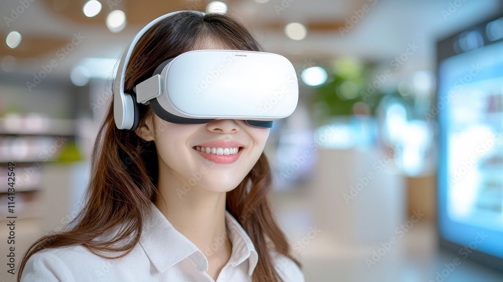 Smiling Caucasian woman wearing virtual reality headset device looking excited and happy while enjoying futuristic digital technology experience in modern studio setting Smiling Caucasian woman wearing virtual reality headset device looking excited and happy while enjoying futuristic digital technology experience in modern studio setting
