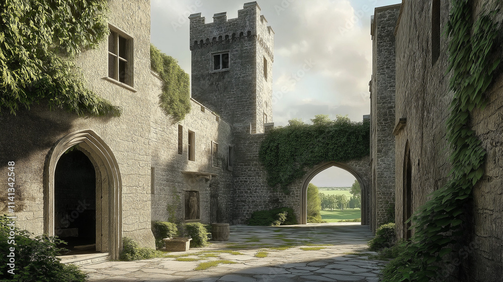 The courtyard of an Irish castle with stone arches and towers, overgrown greenery around the walls The courtyard of an Irish castle with stone arches and towers, overgrown greenery around the walls