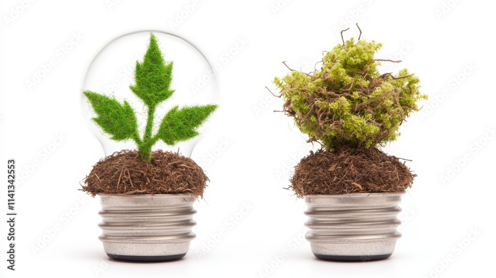 Two light bulbs, one with green leaves, symbolize eco-friendliness and sustainability, while the other features moss, representing natural growth. Two light bulbs, one with green leaves, symbolize eco-friendliness and sustainability, while the other features moss, representing natural growth.