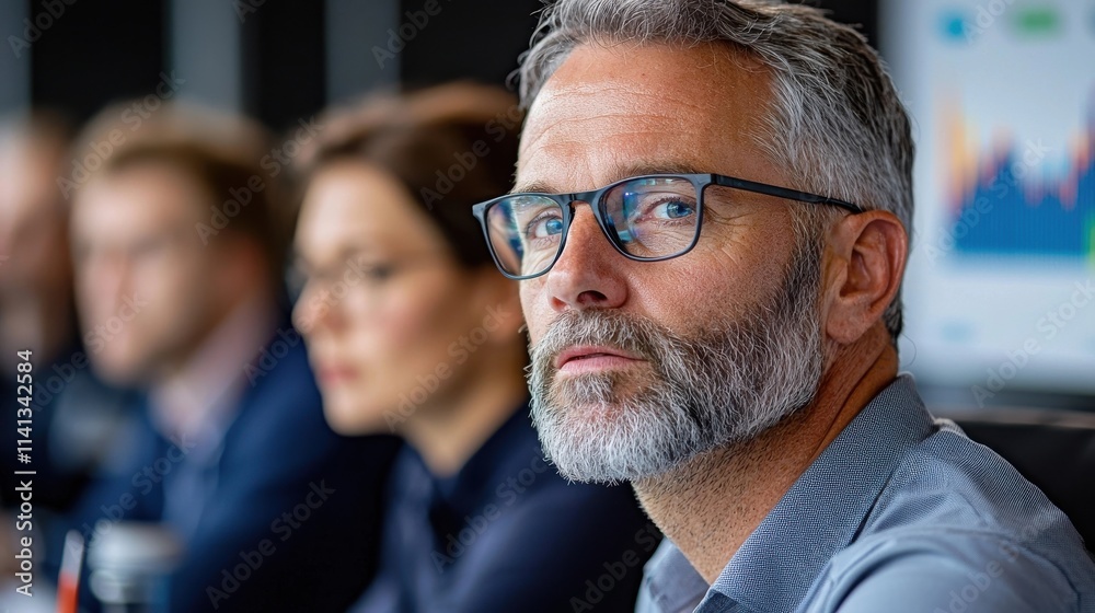 Mature Businessman with Beard in Suit and Glasses Sitting at Desk in Office Analyzing Data and Discussing Business Strategies and Technological Innovations with Colleagues Mature Businessman with Beard in Suit and Glasses Sitting at Desk in Office Analyzing Data and Discussing Business Strategies and Technological Innovations with Colleagues