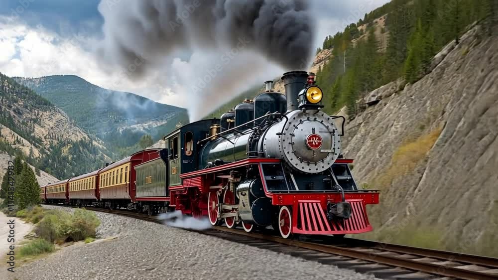 Vintage Locomotive. A steam engine train going through a mountainous landscape.