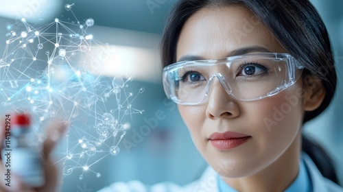 Portrait of an intelligent and focused woman scientist examining molecular data using state of the art digital technology and equipment in a modern futuristic research laboratory setting photo