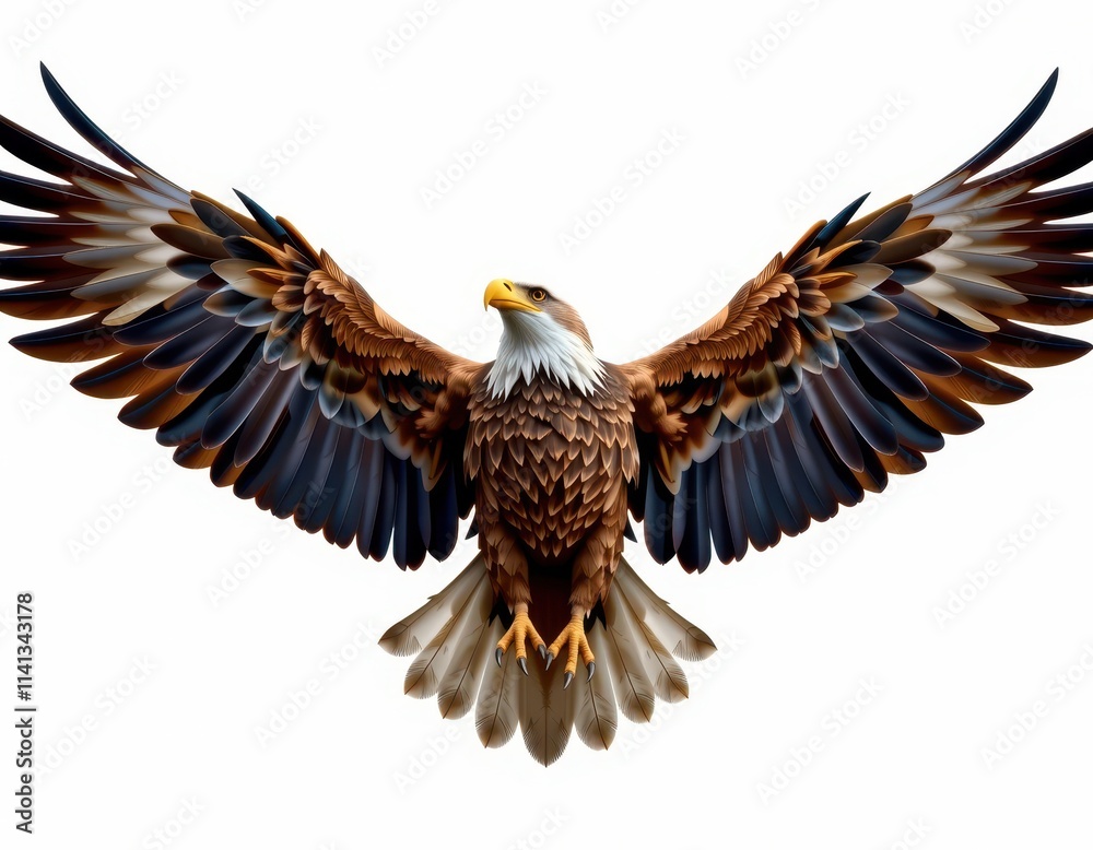 Obraz premium A majestic, animating bald eagle soars through the air, its broad wings stretched wide as it rides the wind, showcasing a striking brown body, snowy white head, and vibrant yellow beak