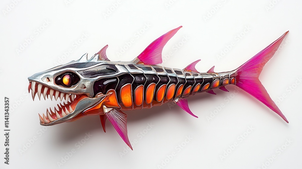 A vividly colored, stylized fish with sharp teeth and vibrant fins, showcasing a unique blend of realism and artistic flair. A vividly colored, stylized fish with sharp teeth and vibrant fins, showcasing a unique blend of realism and artistic flair.