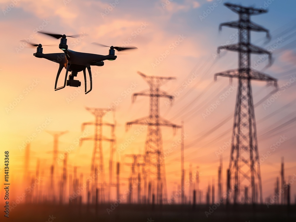 Drone flying over power lines at sunset, symbolizing innovation. Drone flying over power lines at sunset, symbolizing innovation.