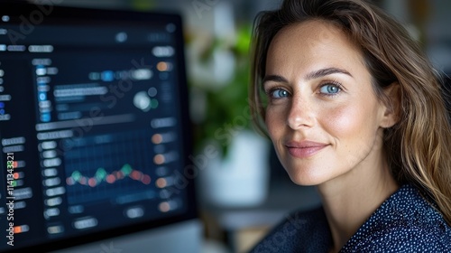 Confident and Focused Female Business Professional Analyzing Financial Data Graphs and Charts on Computer Monitor in Modern Corporate Office Environment