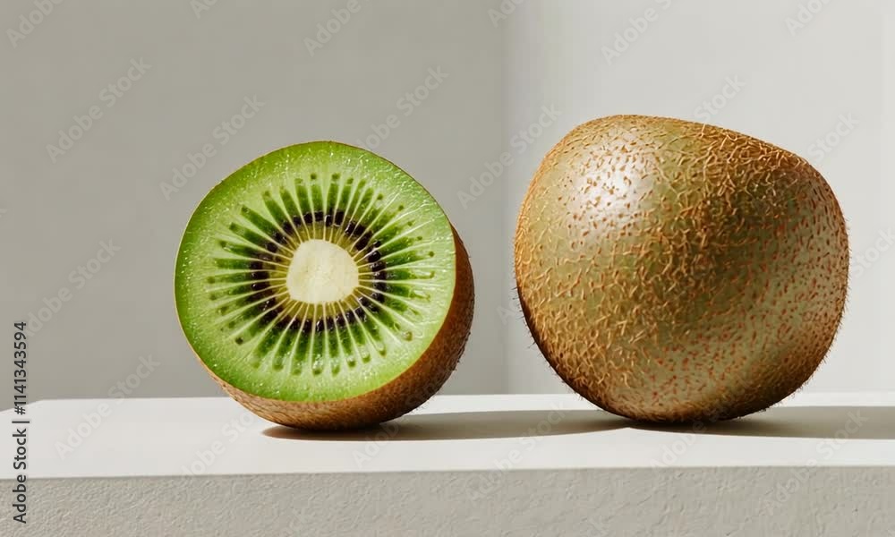 A sliced kiwi and whole kiwi on a minimalist surface, showcasing vibrant colors and textures.