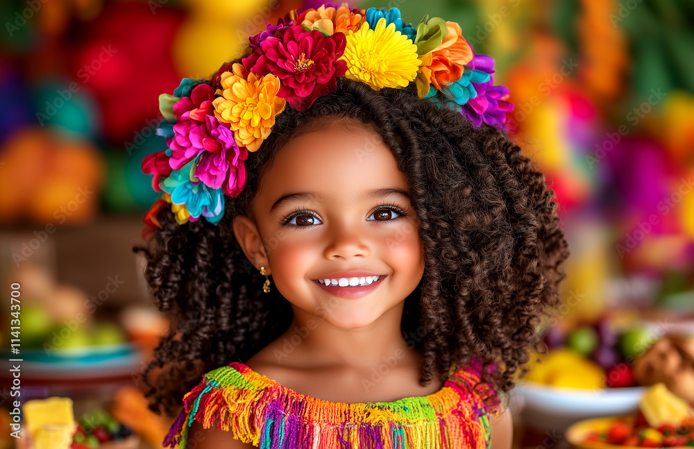 A young girl wearing a colorful flower headband and a multicolored dress is smiling. The image conveys a joyful and playful mood, as the girl appears to be enjoying herself A young girl wearing a colorful flower headband and a multicolored dress is smiling. The image conveys a joyful and playful mood, as the girl appears to be enjoying herself
