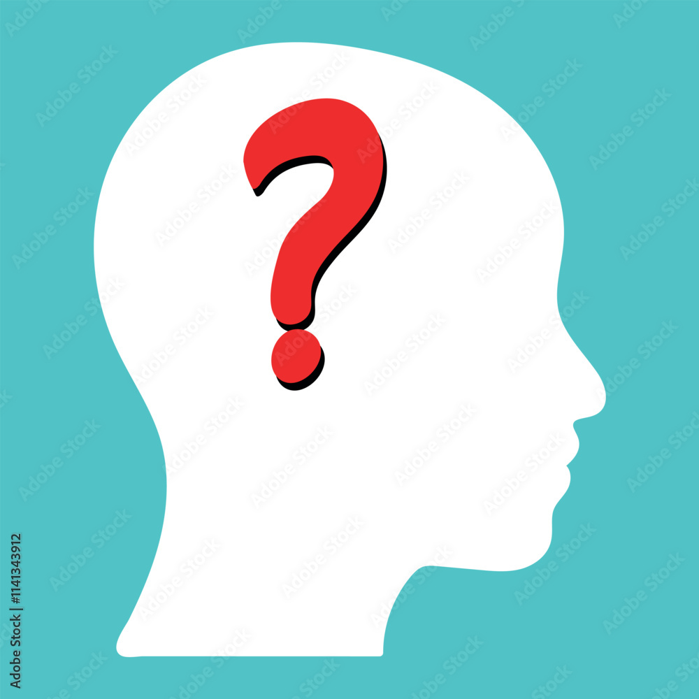 White Human Head Silhouette with a Red Question Mark Inside Against a Light Blue Background White Human Head Silhouette with a Red Question Mark Inside Against a Light Blue Background