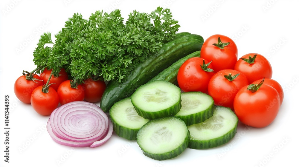 Fresh vegetables, including cucumbers, tomatoes, parsley, and red onion, arranged on a white background. Fresh vegetables, including cucumbers, tomatoes, parsley, and red onion, arranged on a white background.