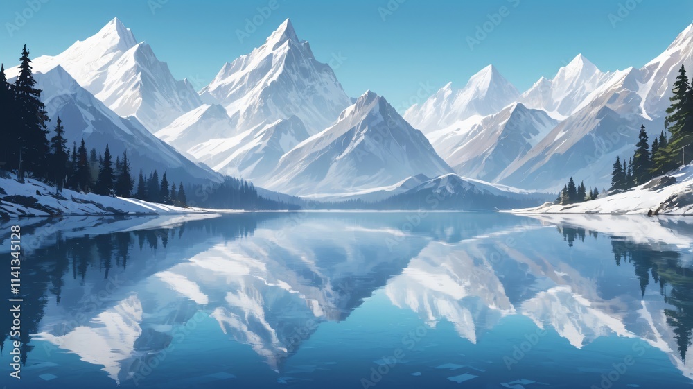 Obraz premium Majestic mountains reflected in a serene lake surrounded by evergreen forests under a clear blue sky