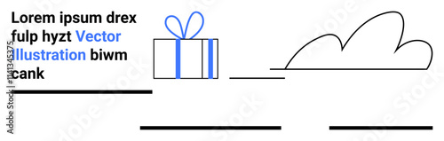 Blue gift box with a bow, cloud outline, and several placeholder text areas and lines. Ideal for celebration themes, minimalistic designs, gift ideas, holiday promotions, website templates, online