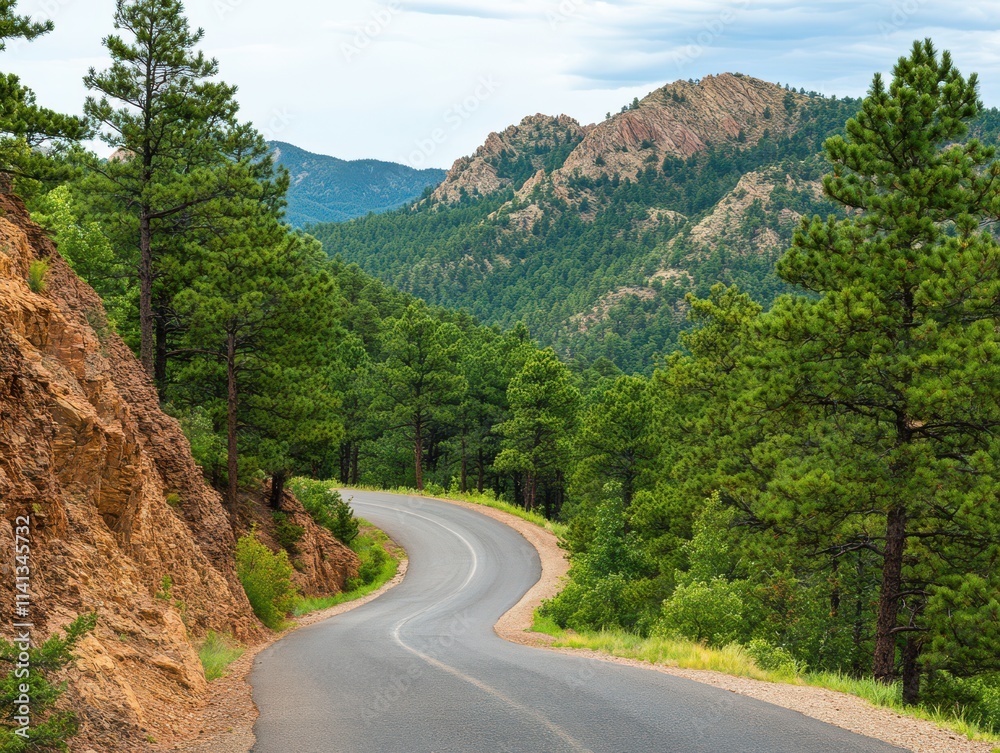 Naklejka premium Serene winding road through lush green mountains and pine trees.