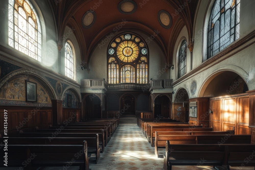 Sunbeams Illuminate a Deserted Church Interior Sunbeams Illuminate a Deserted Church Interior