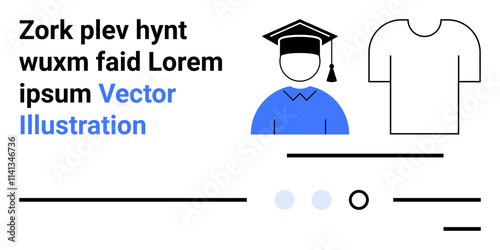 Graduation cap on a person, T-shirt, and lorem ipsum text with highlighted word. Ideal for education, fashion, e-learning, academia, minimalism, web design, modern graphics. Landing page