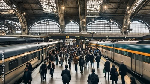 Train station movement. A busy train station during rush hour, with people moving around.