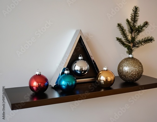 Elegant holiday decorations with colorful ornaments and a silver tree on a minimalist shelf. photo