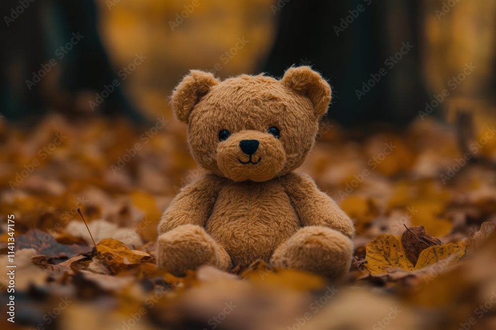 Adorable Teddy Bear in Autumn Leaves Adorable Teddy Bear in Autumn Leaves