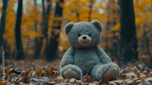 Adorable Teddy Bear in Autumn Forest Scene
